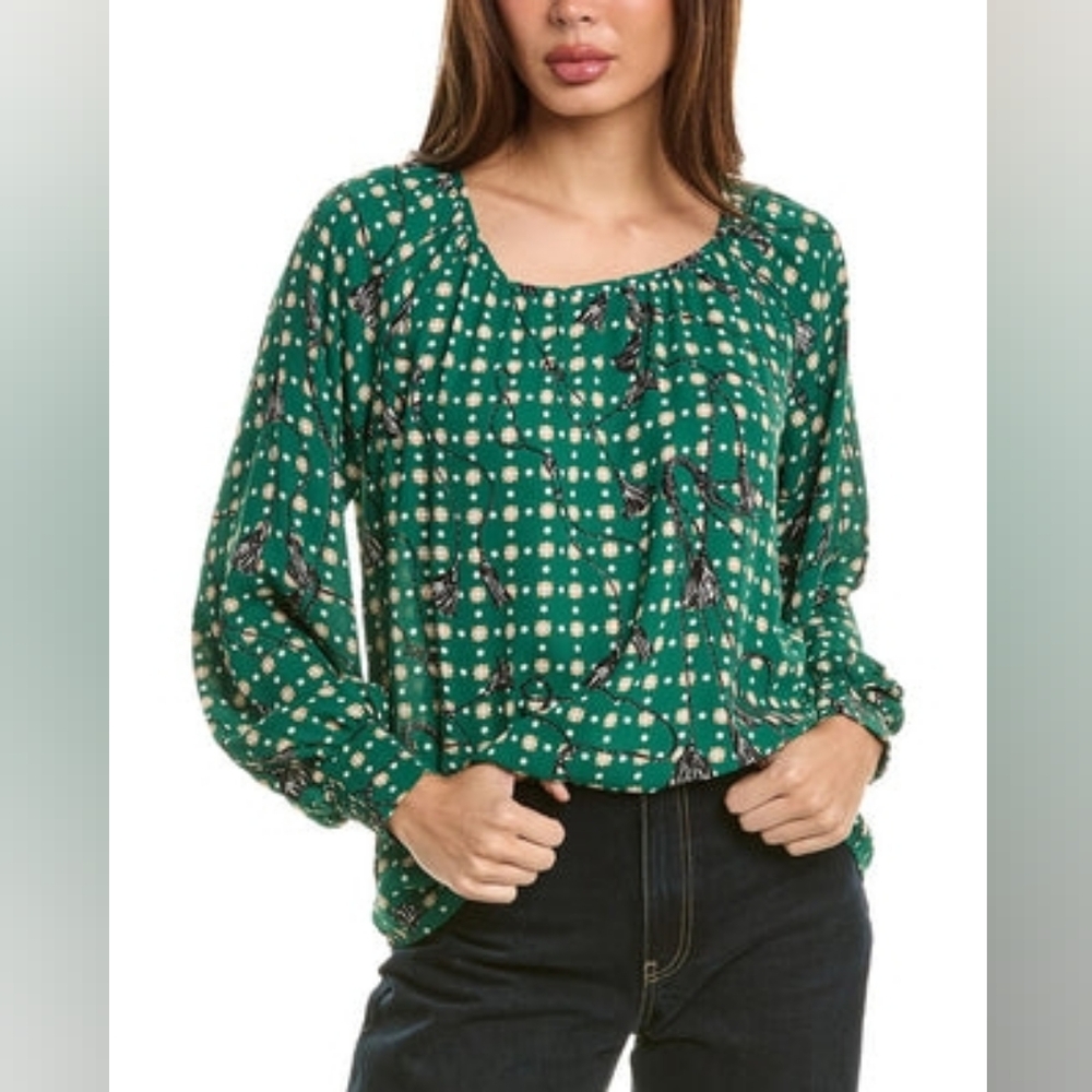 Cabi XL Tassel & Chain Motif Loose Fit Smocked Cuffs Voyager Blouse Boho Peasant